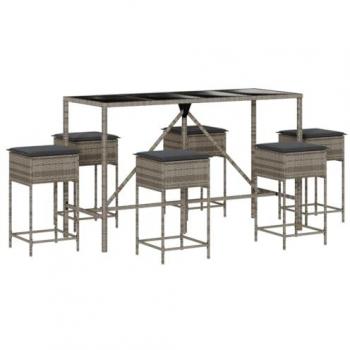 Set Bar da Giardino 7 pz Polyrattan Grigio con Cuscini