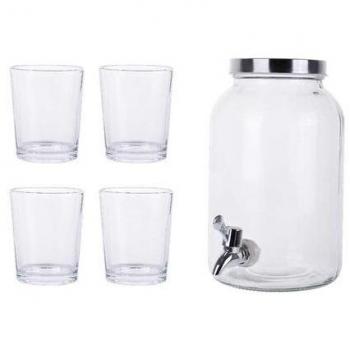 Bote de vidrio con grifo y 4 vasos 3 Litros