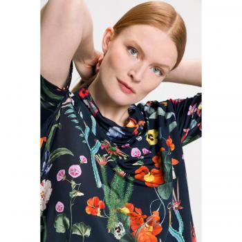 Maglia Floreale con Taglio Svasato, Collo Alto, Mezze Maniche, Donna, Blu, Taglia 56/58, Ulla Popken