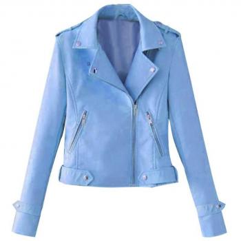Abrigo Moto de Piel Sintética Azul Celeste Mujer XL