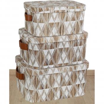 Juego de Cajas Decorativas Romimex en Colores Blanco y Beige (3 Piezas)