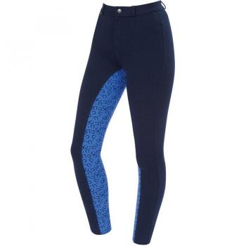 Saxon Childs Warm‑Up Cotton Euro Seat Jodhpurs – Navy Blue Equine Pattern, 26”