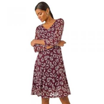 Roman Roman Rotes Geo-Print Kleid mit elastischem Spitzenbesatz