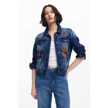 Desigual, Jaqueta de denim com flores, Algodão, Azul, Tamanho L