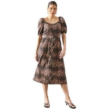 Wallis Brown Leopard Button Dress, Medium (Size 16)