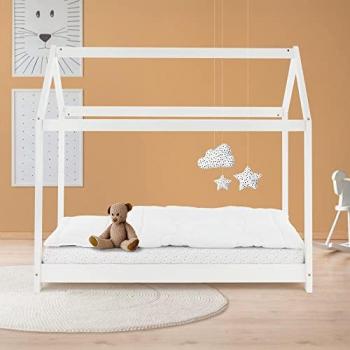 Cama Infantil Techo Casa 140x70 cm Madera de Pino Blanca