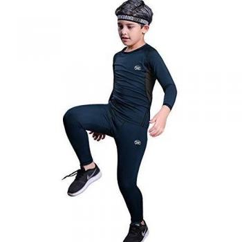 MeetHoo Boy's Long Sleeve Base Layer Compression Warm Underwear Set in Blue, M