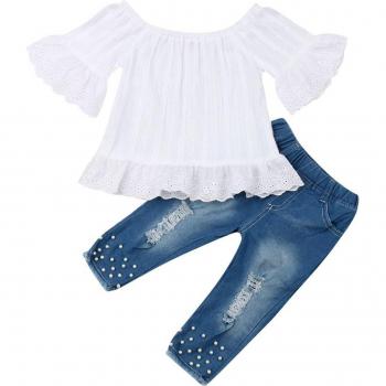 Girls 2-Piece Summer Outfit: Off Shoulder Flare Sleeve Top and Hollow Jeans