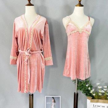Conjunto de kimono y ropa de dormir otoñal en encaje azul marino