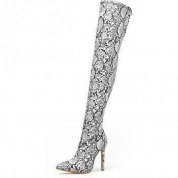 NIUFUNI Damen Hohe Stiefel mit Schlangenprint und spitzem Design