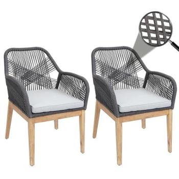 Set 2 Chaises Jardin HWC-H56b – Fauteuil Outdoor Corde Tre, Bois Acacia Gris Foncé