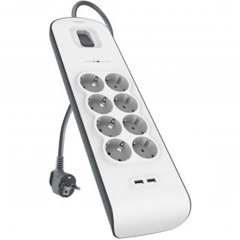 Belkin Regleta 8 Enchufes + 2 USB Negro/Blanco – Protección Total