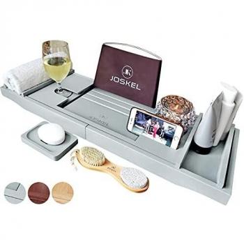 JOSKEL Wooden Bath Caddy with Wine Glass Holder