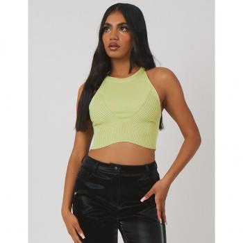 Lime-colored Knitted High Neck Long Sleeve Top