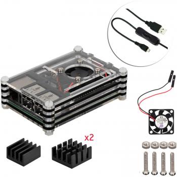 Kit 4 en 1 para Raspberry Pi 3 y Modelo B 2, caja de refrigeración negra de 9 capas + ventilador mini USB + micro con giro/encendido