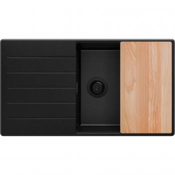 Primagran Évier Granit 90×50 cm – Lavabo unique + Kit Vidage + Planche Découpe – Meuble encastré 60 cm Copenhague, Tout Noir