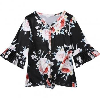 Camiseta Infantil Floral de Manga Trompeta para Verano