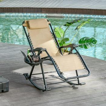 Outsunny Cream White Outdoor Lounge Rocker Folding Recliner