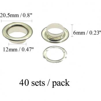 Œillets métalliques argentés, paquet de 50, diamètre extérieur 20.5mm, diamètre intérieur 12mm, hauteur 6mm