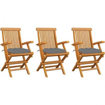 Sillas de Jardín de Madera Maciza de Teca con Cojines Grises, Pack de 3