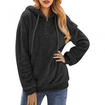 Pullover donna con cappuccio, manica lunga, zip a ¼