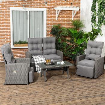 Grey Wicker Sofa, Reclining Armchair, and Glass Table Set