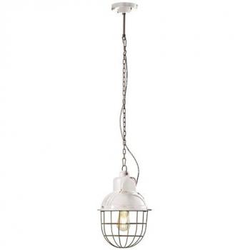 Lampadario Industrial in Ferro e Ceramica con Gabbia Bianco 1 Luce E27 26cm