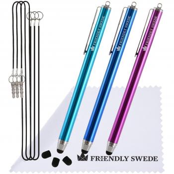 FriendlySwede Stylus Trio – 3‑Stück, Touchscreen‑Spitze, 3 Ersatzspitzen, 2 Anhänger und Reinigungstuch