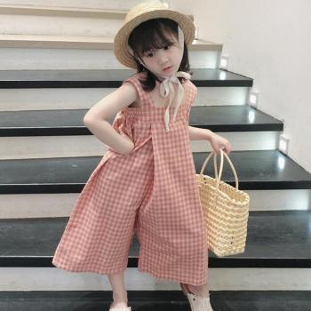 Summer Girls' Casual Wide-Leg Overalls with Lattice Design (Ages 2-6)