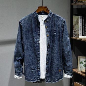 Harajuku Style Ripped Denim Shirt for Men