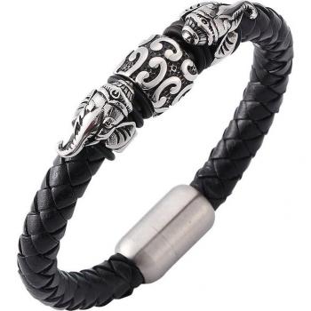 FORTAFY Men's Black Leather Elephant Bracelet with Stainless Steel Clasp