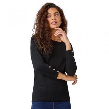 UK 18 Black Scallop‑Neck Buttoned Knitted Top – Roman Design