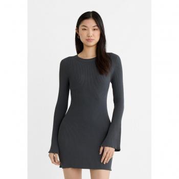 Dark Grey Short Dress with Bell Sleeves XS