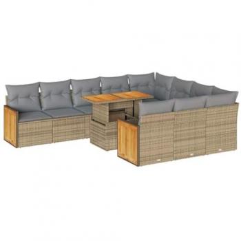 Set Divani da Giardino 11pz in Polyrattan e Acacia con Cuscini Beige