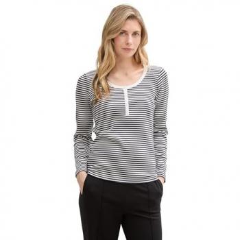 TOM TAILOR Damen Langarm Henley, gestreift in Blau, Größe XS