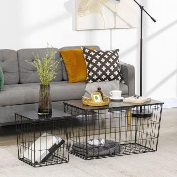 Trendy Coffee Table Duo with Storage Basket and Faux Marble Top