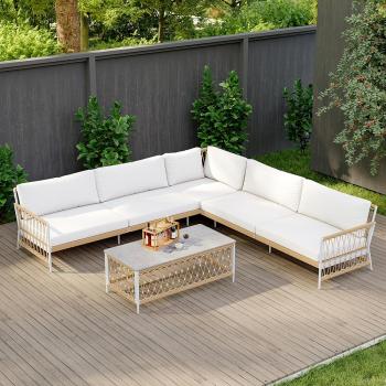 Khaki & White 4-Piece L-Shaped Woven Rope Outdoor Sofa Set for 5