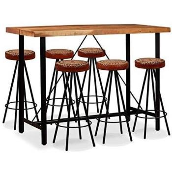 Ensemble de bar en bois d'acacia 7 pcs Cuir véritable et toile