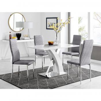 Atlanta High Gloss White Dining Table with X Shaped Legs and 4 Milan Velvet Chairs