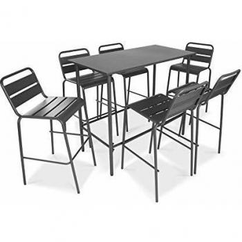 Tavolo da giardino alto con 6 sedie in metallo grigio