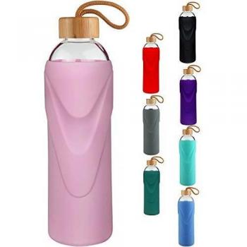 FCSDETAIL Botella de Agua de Cristal sin BPA con Funda de Silicona y Tapa de Bambú