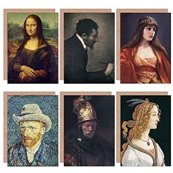 Classic Masterpiece Greeting Cards – Botticelli, Rembrandt, Van gogh, Falero, Seurat & Da Vinci (Grey) (Pack of 6)