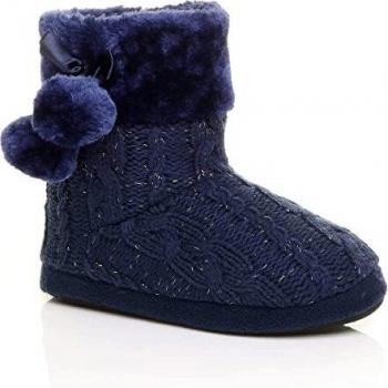 Navy Knitted Glitter Ankle Boot Slippers by AJVANI