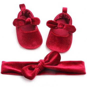 Infant Red Velvet First Walker Shoes with Hairband for Baby Girls (0-18M)