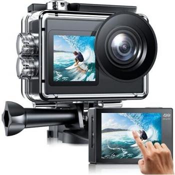 Sports Camera 4K with Dual Screens, WiFi, Touch Controls, 170° Wide Angle Lens, Remote Control, EIS Stabilization, Underwater Use up to 40 meters
