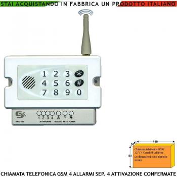 Combinatore GSM: 40 numeri su 4 canali, 4 messaggi voce conferma, 4 attivazioni telesoccorso Dual Band Ascolto Ambientale Optional Memorizza Eventi x Data Password Apr