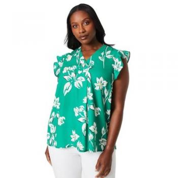Women's Plus Size Green V-neck Ruffle Sleeve Top