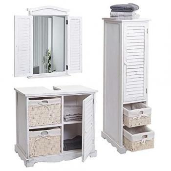 Mendler Badezimmer Set HWC-H20, Badmöbel Hochschrank und Waschbeckenunterschrank mit Wandspiegel ~ shabby weiß