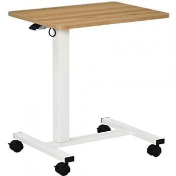 Mesa de trabajo ajustable en altura con ruedas, estilo en forma de C, color natural y blanco, capacidad de carga hasta 70 kg, medidas 65 x 48 x 70-110 cm