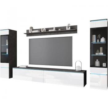 VERA II : Mobilier de Salon Éclairé, Couleur Matera et Blanc Brillant